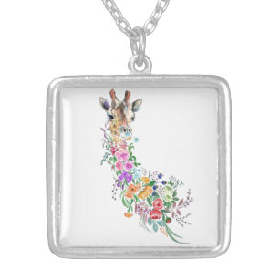 Colorful Flowers Bouquet Giraffe - Drawing Modern  Silver Plated Necklace