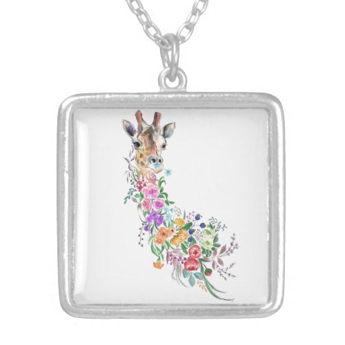 Colorful Flowers Bouquet Giraffe _ Drawing Modern  Silver Plated Necklace