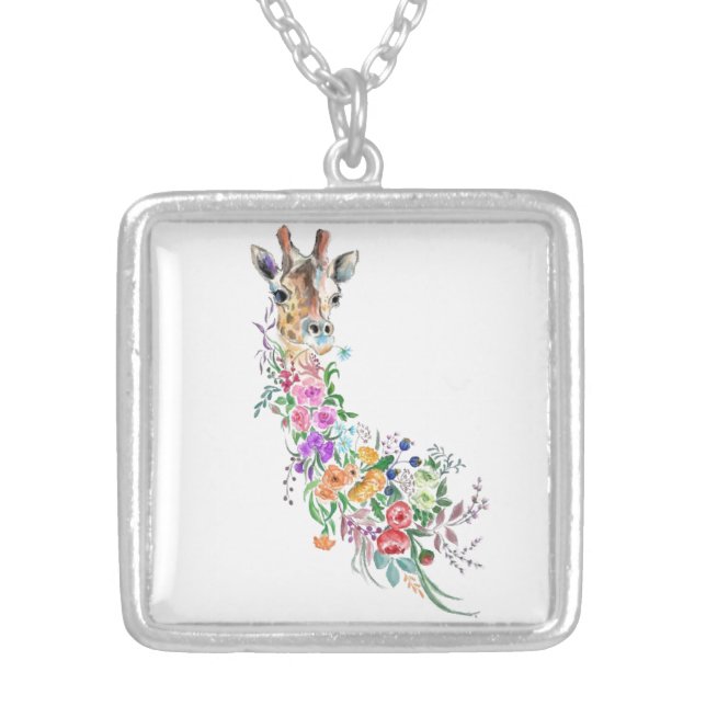 Colorful Flowers Bouquet Giraffe - Drawing Modern  Silver Plated Necklace (Front)
