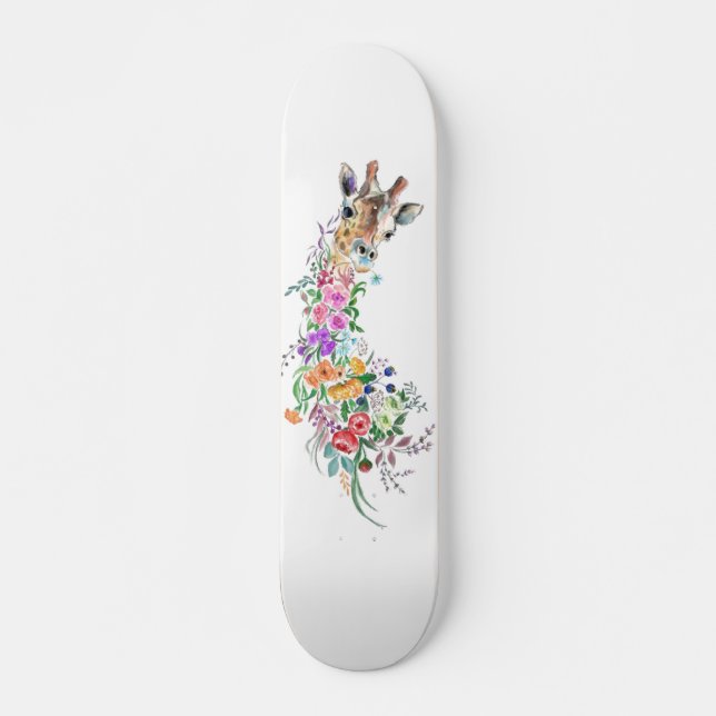 Colorful Flowers Bouquet Giraffe - Drawing Modern  Skateboard (Front)