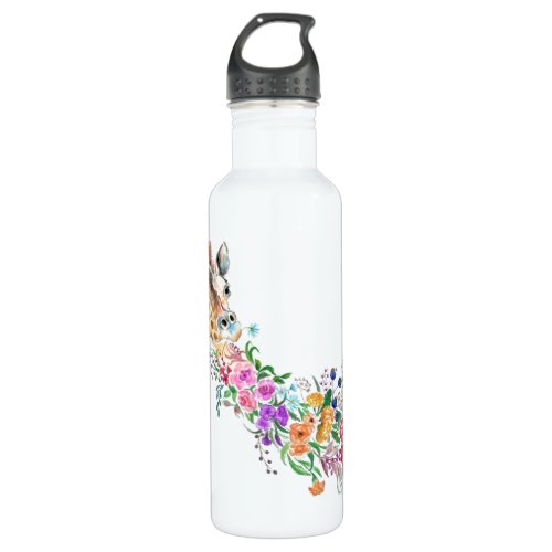 Colorful Flowers Bouquet Giraffe _ Drawing Modern  Stainless Steel Water Bottle