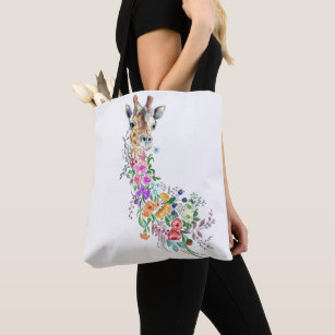 Colorful Flowers Bouquet Giraffe - Drawing Modern  Tote Bag