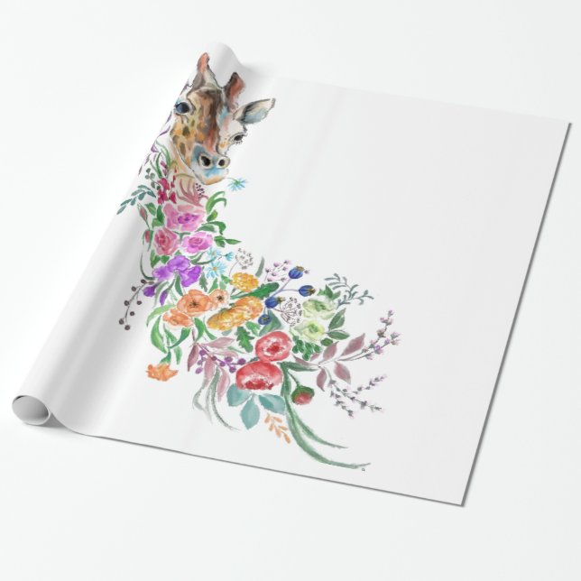 Colorful Flowers Bouquet Giraffe - Drawing Modern  Wrapping Paper (Unrolled)