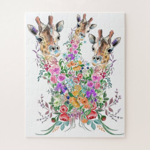 Colorful Flowers Bouquet Giraffe Family Love Jigsaw Puzzle