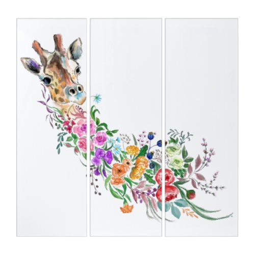 Colorful Flowers Bouquet Giraffe Triptych