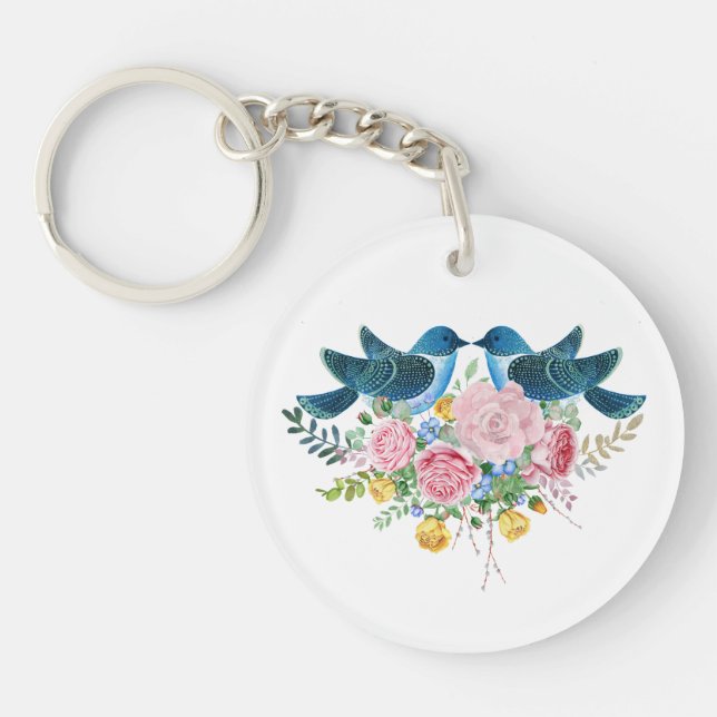 Colorful Flowers Bouquet & Love Birds  Keychain (Front)
