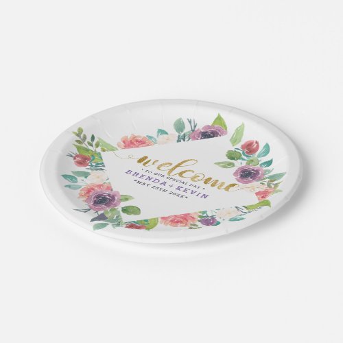 Colorful Flowers Bouquets Frame Wedding Welcome Paper Plates