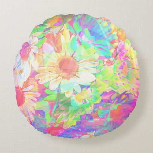 Colorful Flowers Bright Cheerful Round Pillow