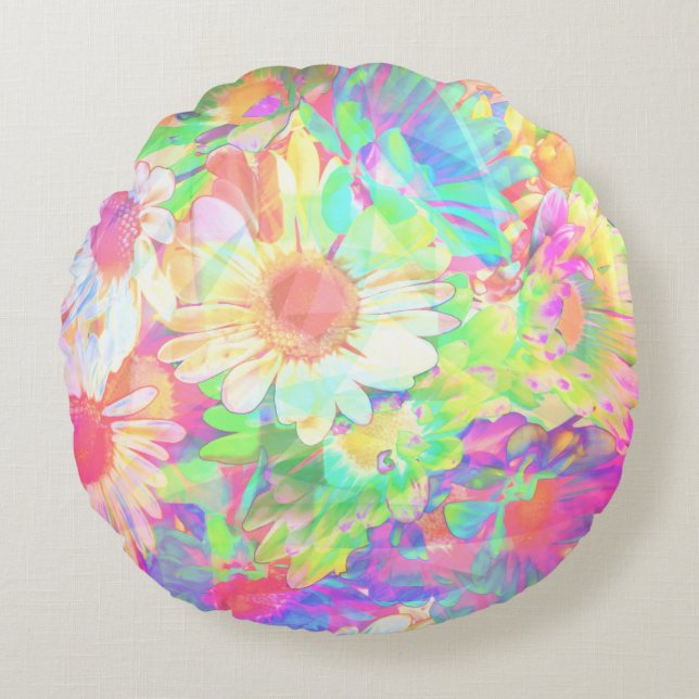 Colorful Flowers Bright Cheerful Round Pillow (Front)