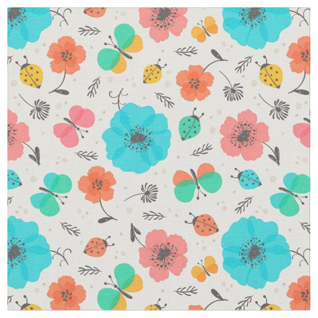 Colorful flowers bugs pattern fabric (Close Up)