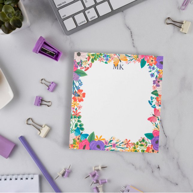 Colorful Flowers & Butterflies Monogrammed Notepad (Creator Uploaded)