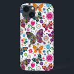 Colorful Flowers & Butterflies Pattern iPhone 13 Case<br><div class="desc">Cool colorful retro butterflies and flowers pattern illustration with white background</div>