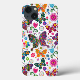 Colorful Flowers &amp; Butterflies Pattern iPhone 13 Case