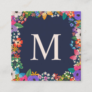 Colorful Flowers & Butterfly Framed Monogram Square Business Card
