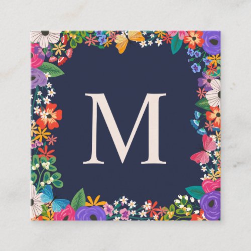 Colorful Flowers  Butterfly Framed Monogram Square Business Card