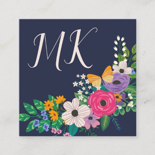 Colorful Flowers  Butterfly _ Monogram Square Business Card