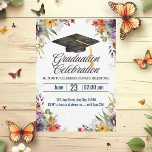 Colorful Flowers Cap Topper Graduation Celebration Invitation
