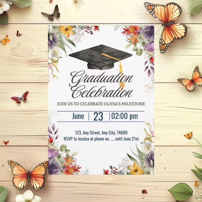 Colorful Flowers Cap Topper Graduation Celebration Invitation (Creator Uploaded)