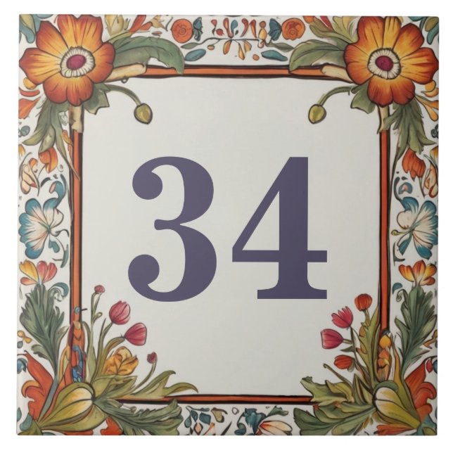 Colorful Flowers Custom House Number Plate Sign Ceramic Tile (Front)
