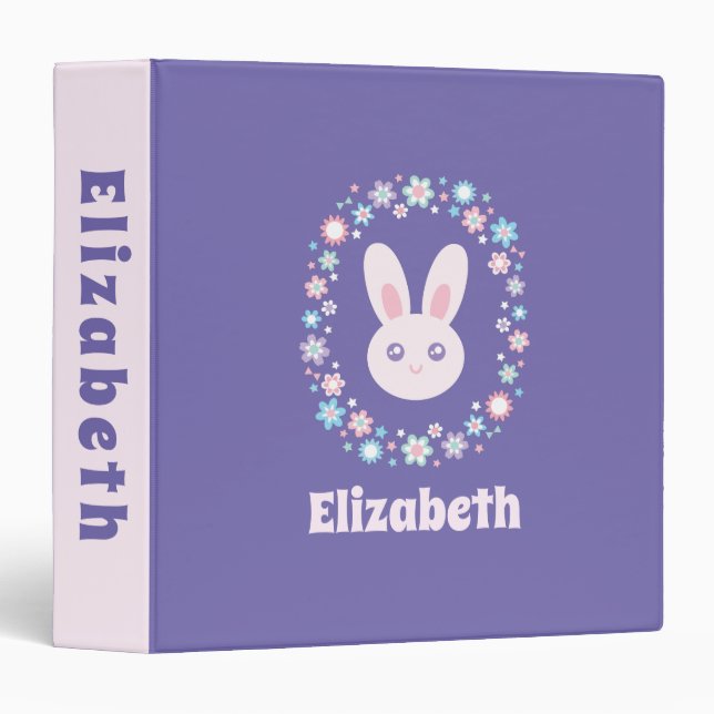 Colorful Flowers Cute Bunny Rabbit Lavender Blue Binder (Front/Spine)