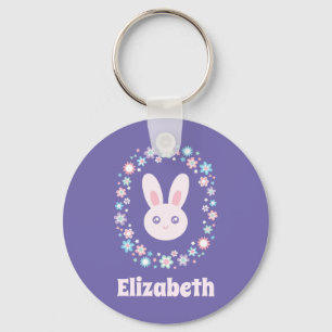 Colorful Flowers Cute Bunny Rabbit Lavender Blue Keychain