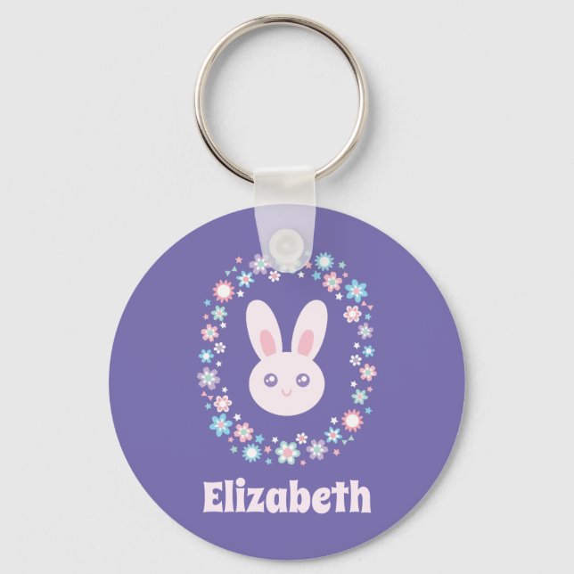 Colorful Flowers Cute Bunny Rabbit Lavender Blue Keychain (Front)