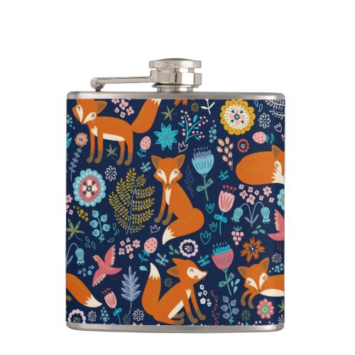 Colorful Flowers  Cute Foxes Pattern Hip Flask