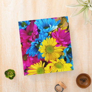 Colorful Flowers, Daisies - Blue Yellow Pink 3 Ring Binder