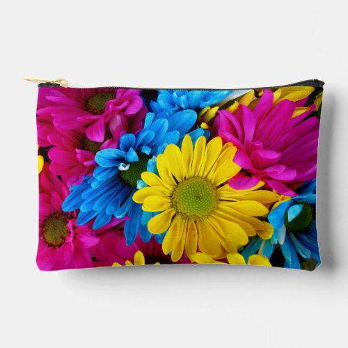 Colorful Flowers Daisies _ Blue Yellow Pink Accessory Pouch