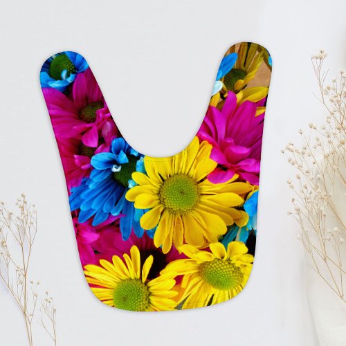 Colorful Flowers Daisies _ Blue Yellow Pink Baby Bib