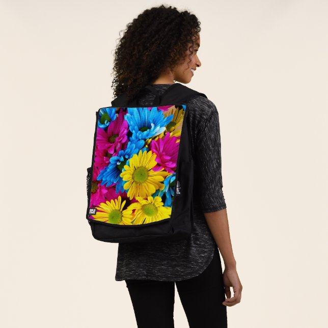 Colorful Flowers, Daisies - Blue Yellow Pink Backpack (Worn)