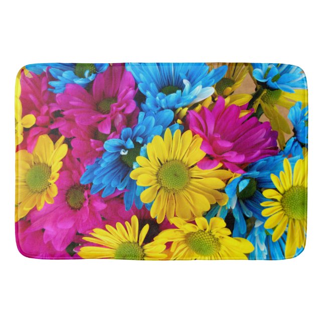 Colorful Flowers, Daisies - Blue Yellow Pink Bath Mat (Front)