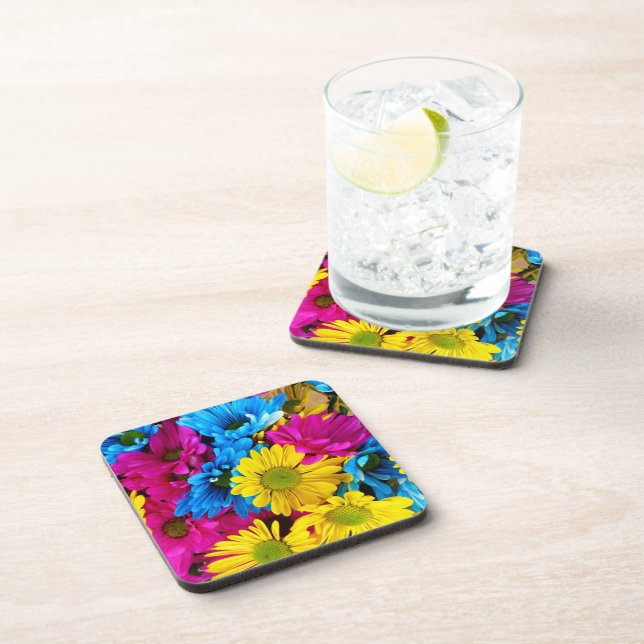 Colorful Flowers, Daisies - Blue Yellow Pink Beverage Coaster (Right Side)