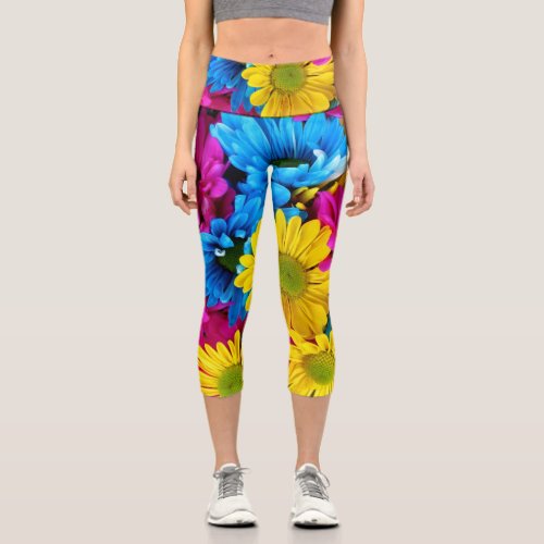 Colorful Flowers Daisies _ Blue Yellow Pink Capri Leggings