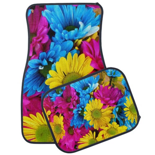 Colorful Flowers Daisies _ Blue Yellow Pink Car Floor Mat