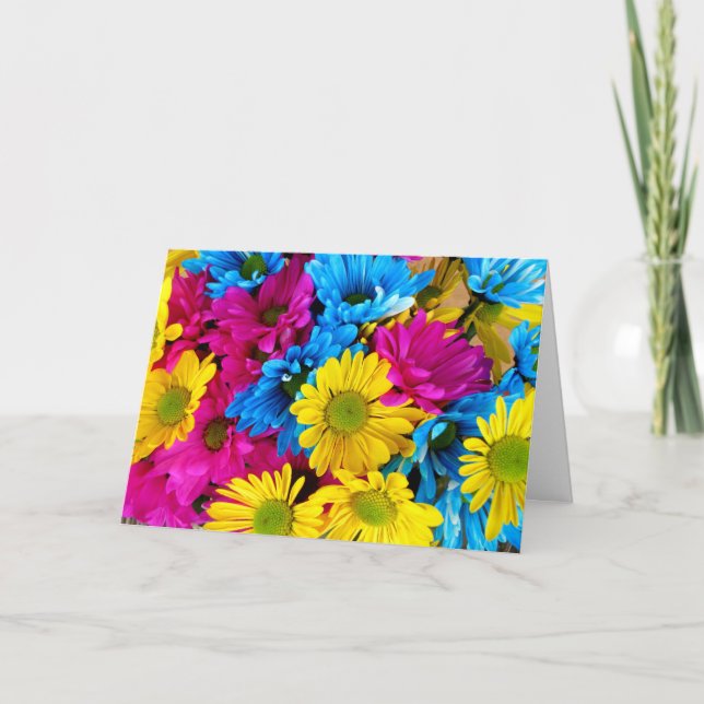 Colorful Flowers, Daisies - Blue Yellow Pink Card (Front)