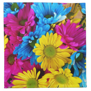 Colorful Flowers, Daisies - Blue Yellow Pink Cloth Napkin