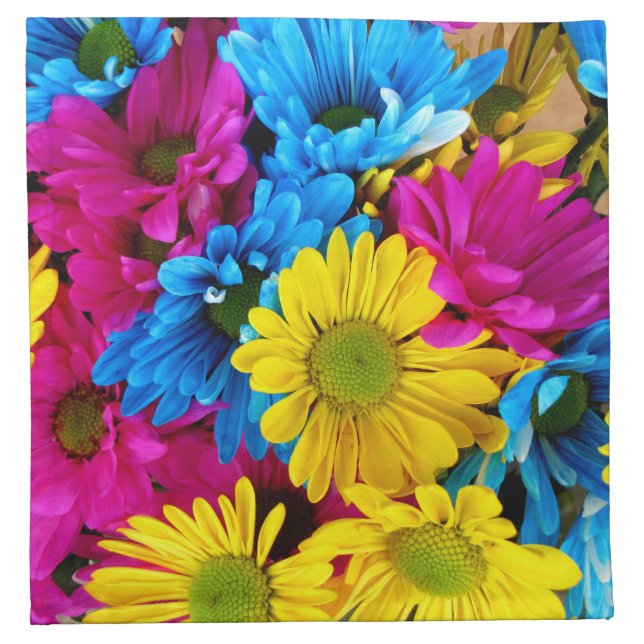 Colorful Flowers, Daisies - Blue Yellow Pink Cloth Napkin (Front)