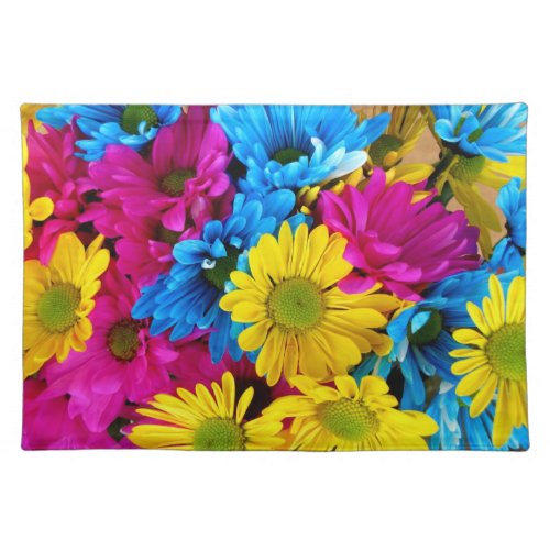 Colorful Flowers Daisies _ Blue Yellow Pink Cloth Placemat