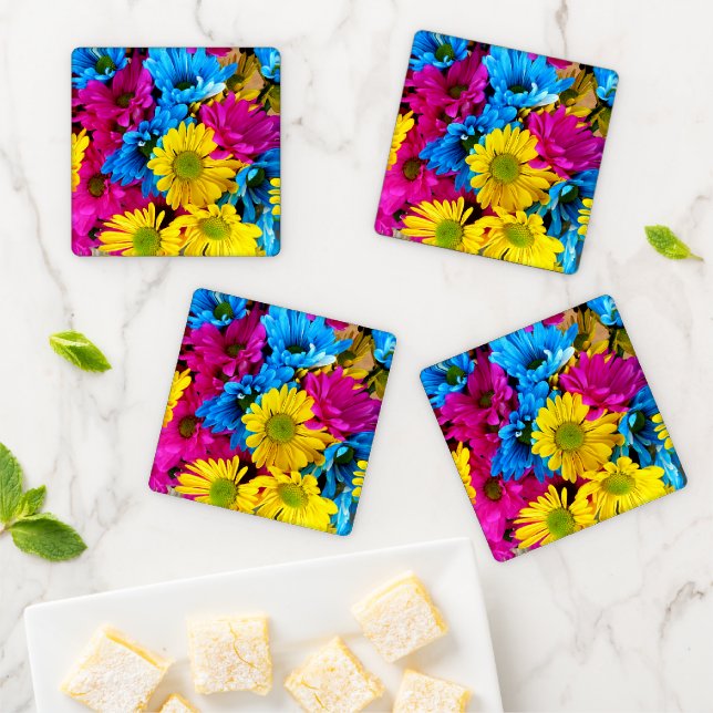 Colorful Flowers, Daisies - Blue Yellow Pink Coaster Set (In Situ)