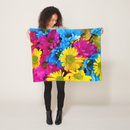 Colorful Flowers Daisies _ Blue Yellow Pink Fleece Blanket