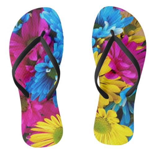 Colorful Flowers Daisies _ Blue Yellow Pink Flip Flops