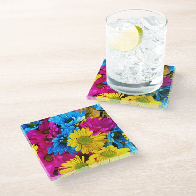 Colorful Flowers, Daisies - Blue Yellow Pink Glass Coaster (Angled)