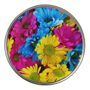 Colorful Flowers, Daisies - Blue Yellow Pink Golf Ball Marker