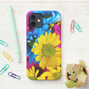 Colorful Flowers, Daisies - Blue Yellow Pink iPhone 12 Case