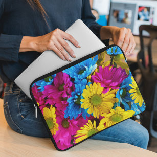 Colorful Flowers, Daisies - Blue Yellow Pink Laptop Sleeve