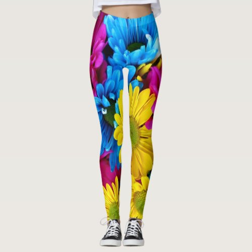 Colorful Flowers Daisies _ Blue Yellow Pink Leggings