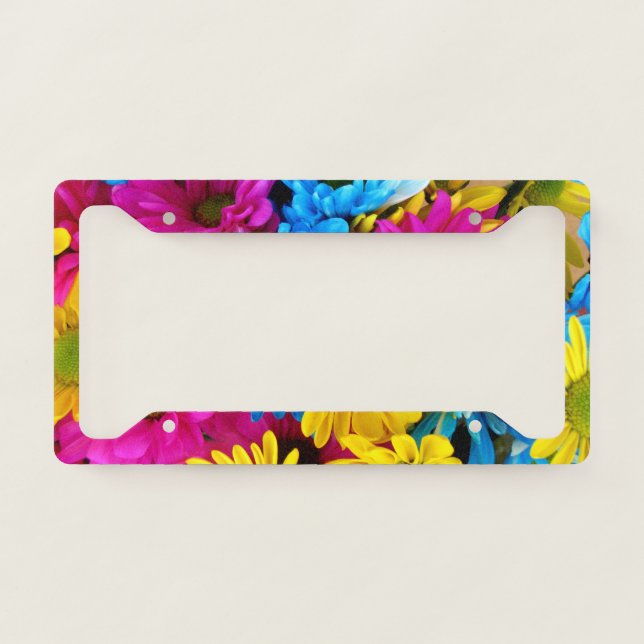 Colorful Flowers, Daisies - Blue Yellow Pink License Plate Frame (Front)