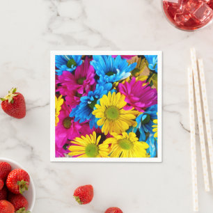 Colorful Flowers, Daisies - Blue Yellow Pink Napkins