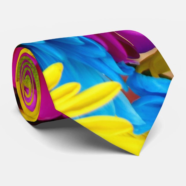 Colorful Flowers, Daisies - Blue Yellow Pink Neck Tie (Rolled)